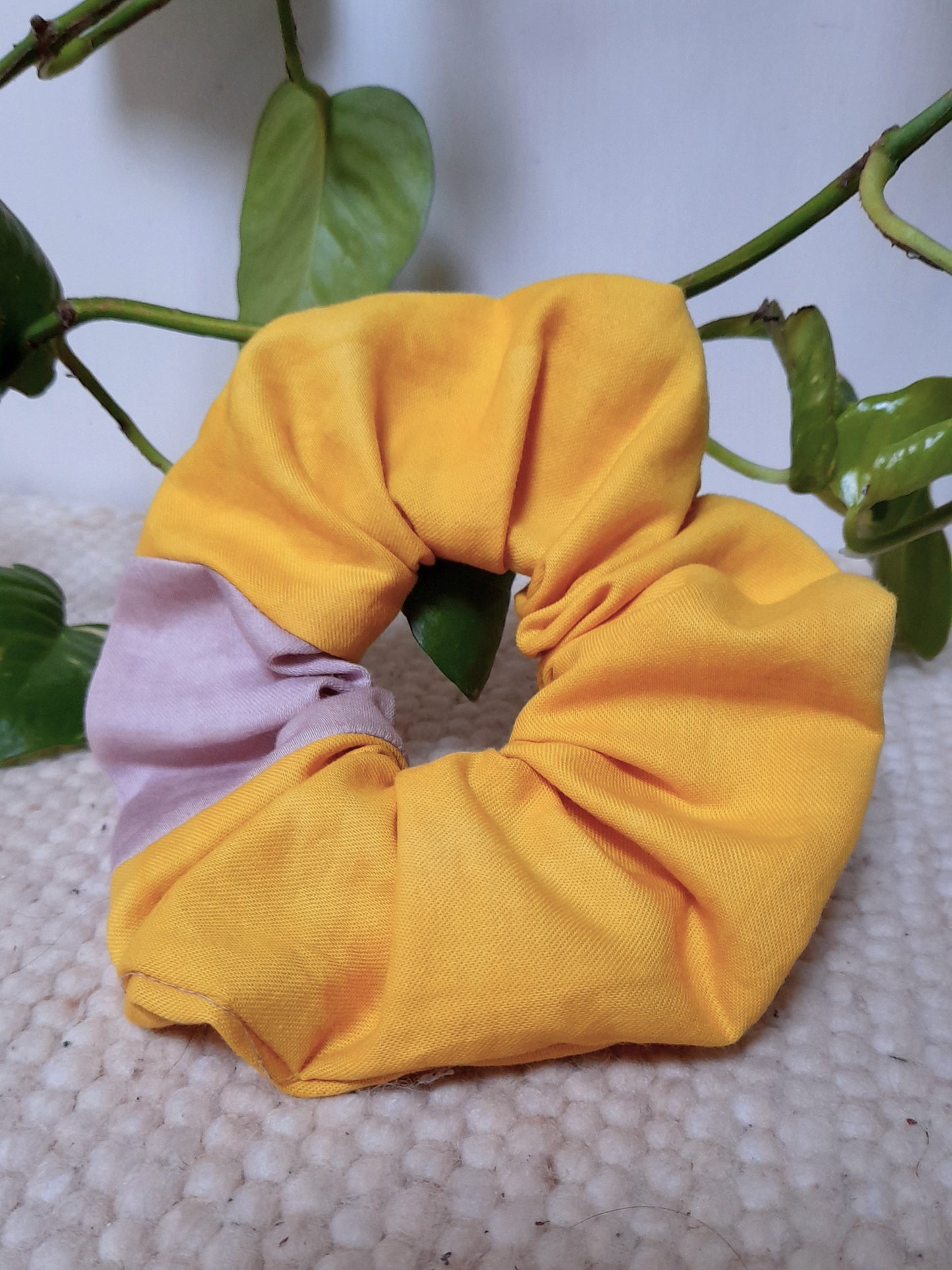 hand dyed yellow, lilac scrunche