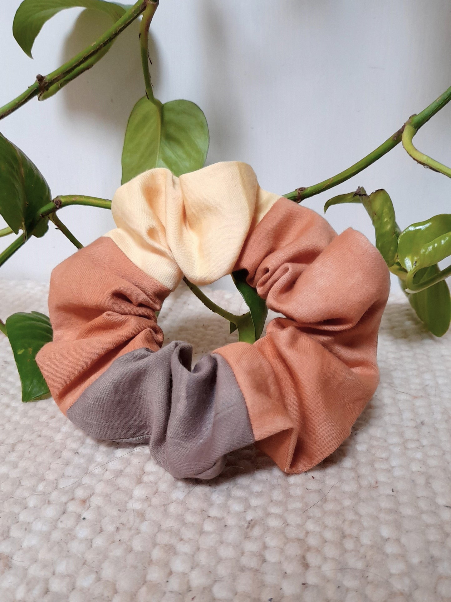 botanically dyed scrunche in pink, grey and yellow color