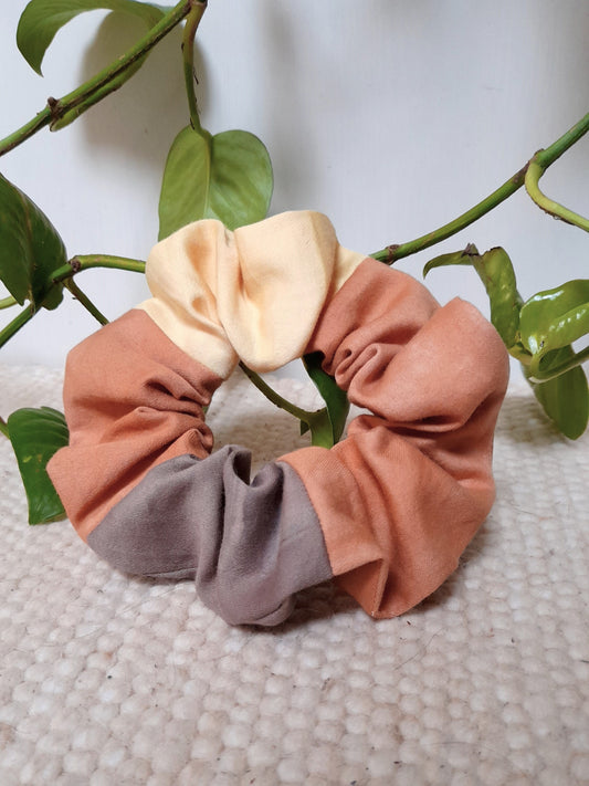 botanically dyed scrunche in pink, grey and yellow color