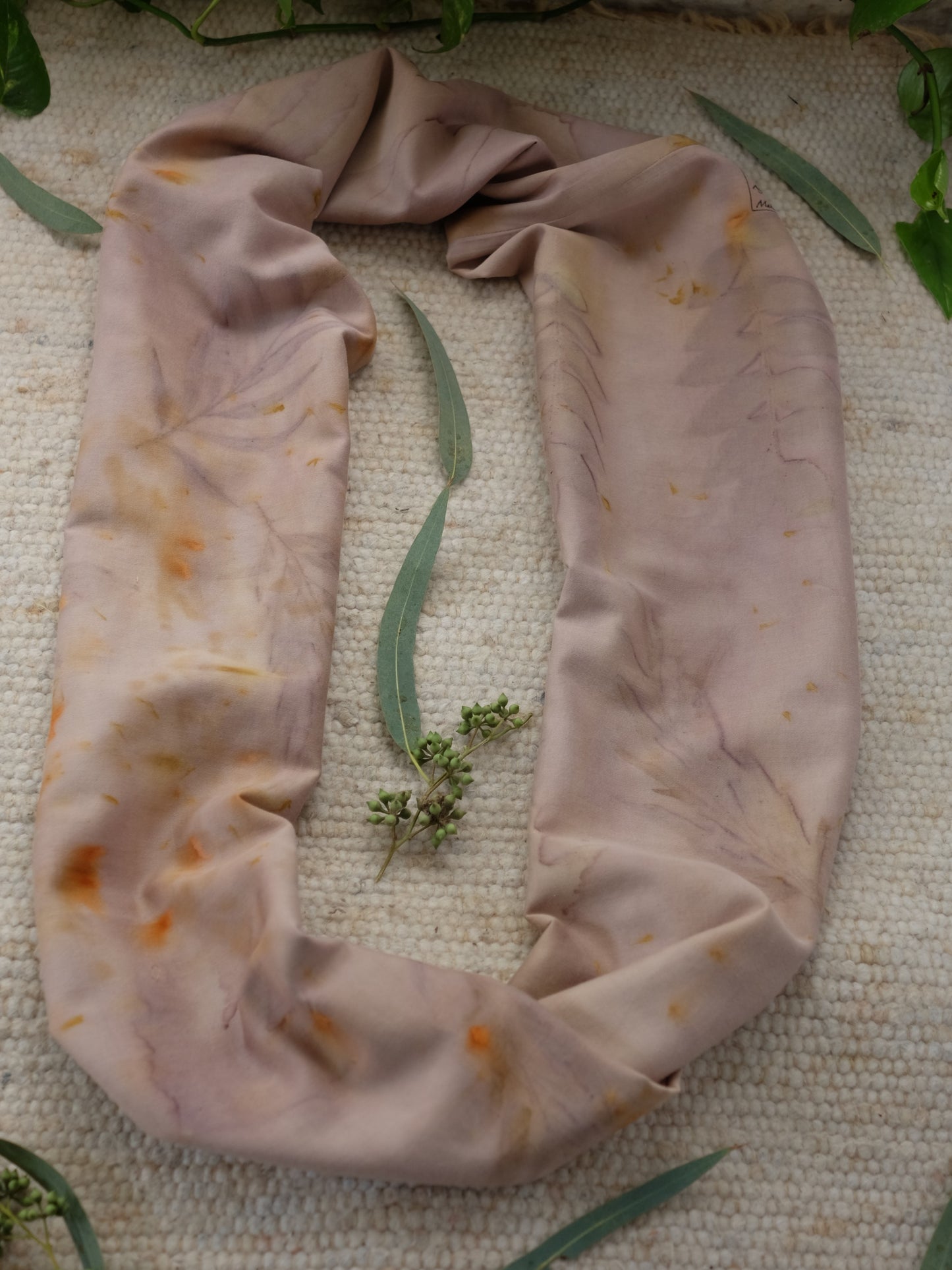 ecoprinted scarf in tones of purple, grey and orange