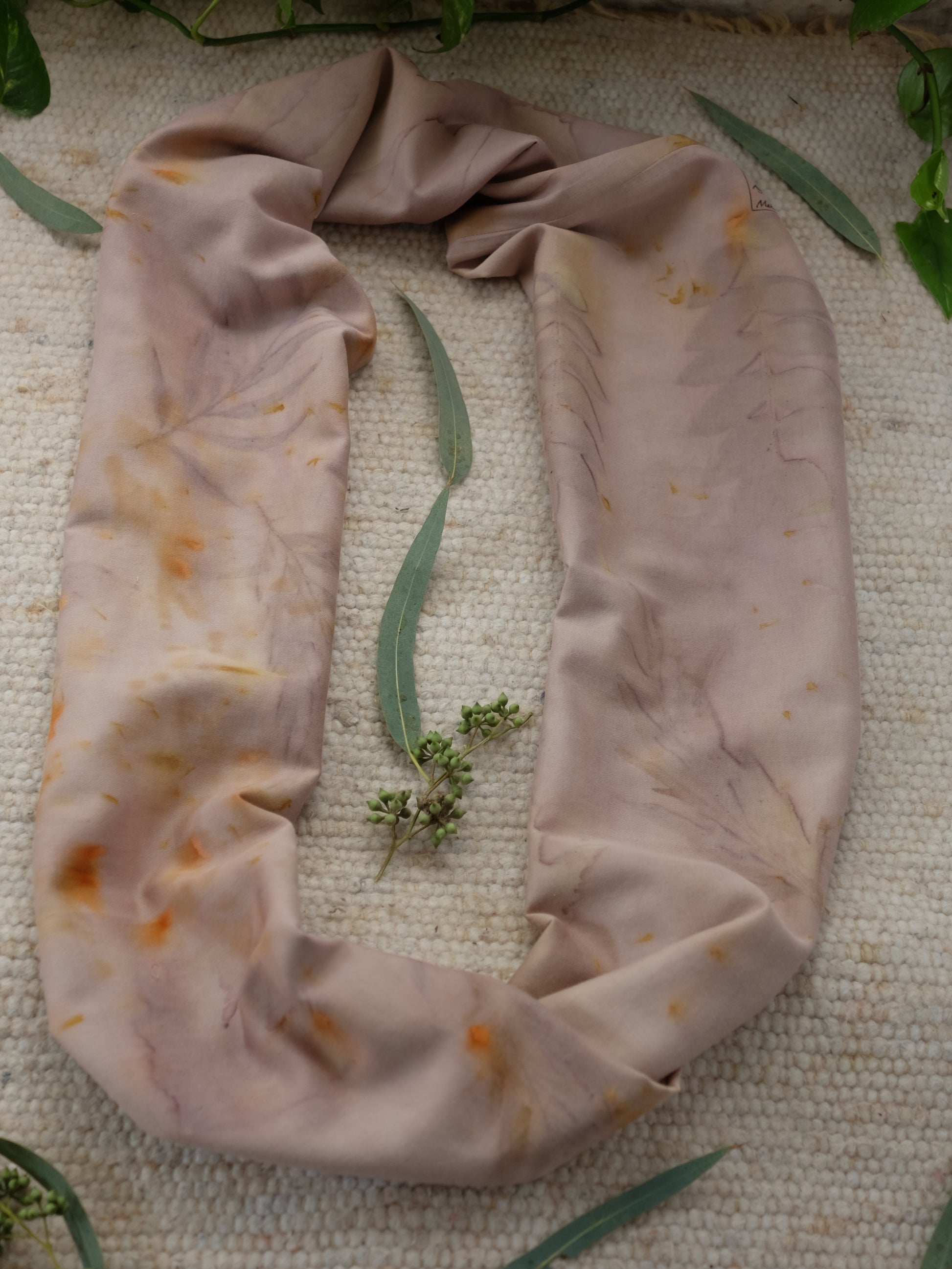 ecoprinted scarf in tones of purple, grey and orange