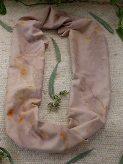 ecoprinted scarf in tones of purple, grey and orange