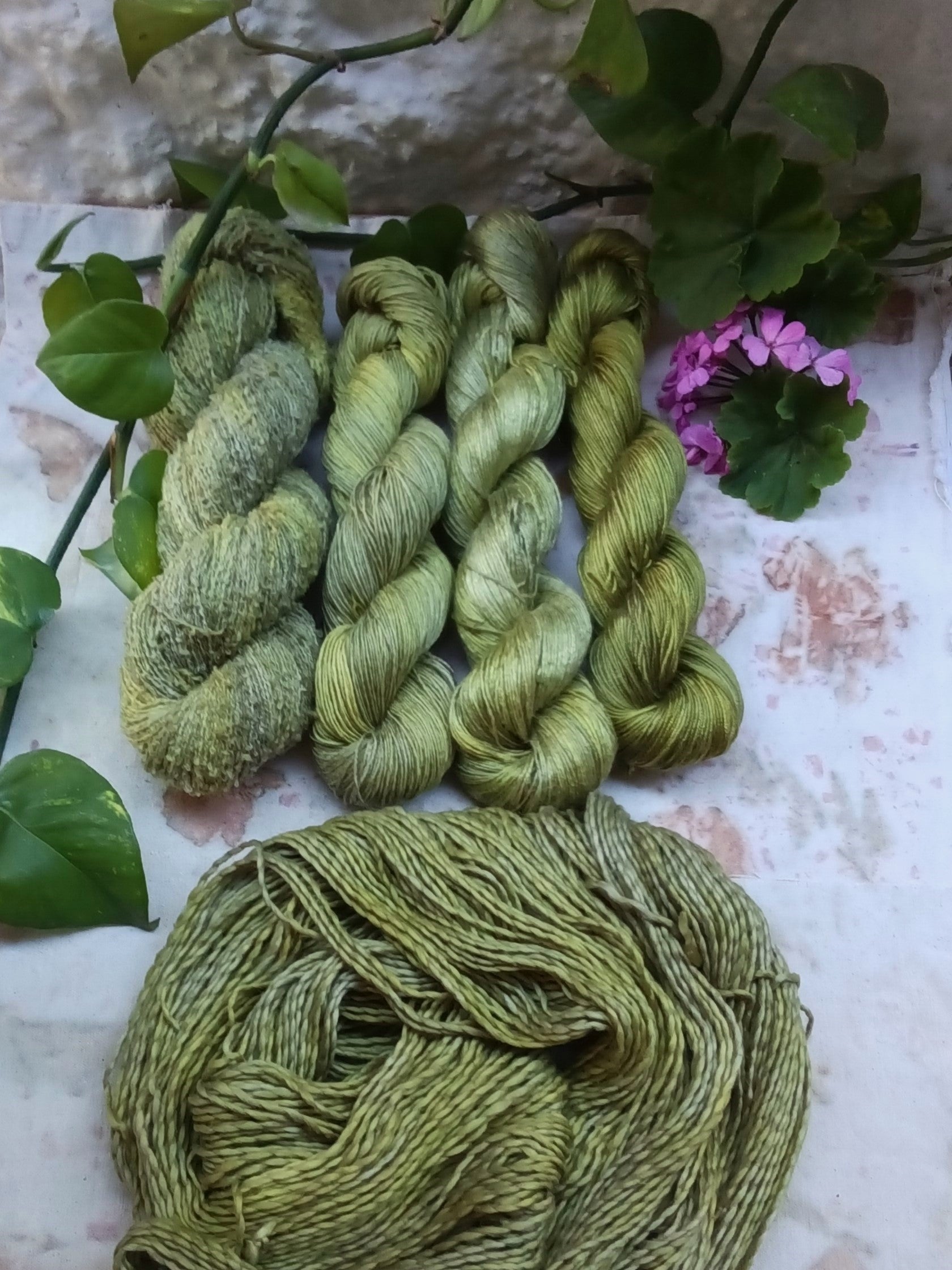 botanically dyed vegan yarn, in a semisolid green color