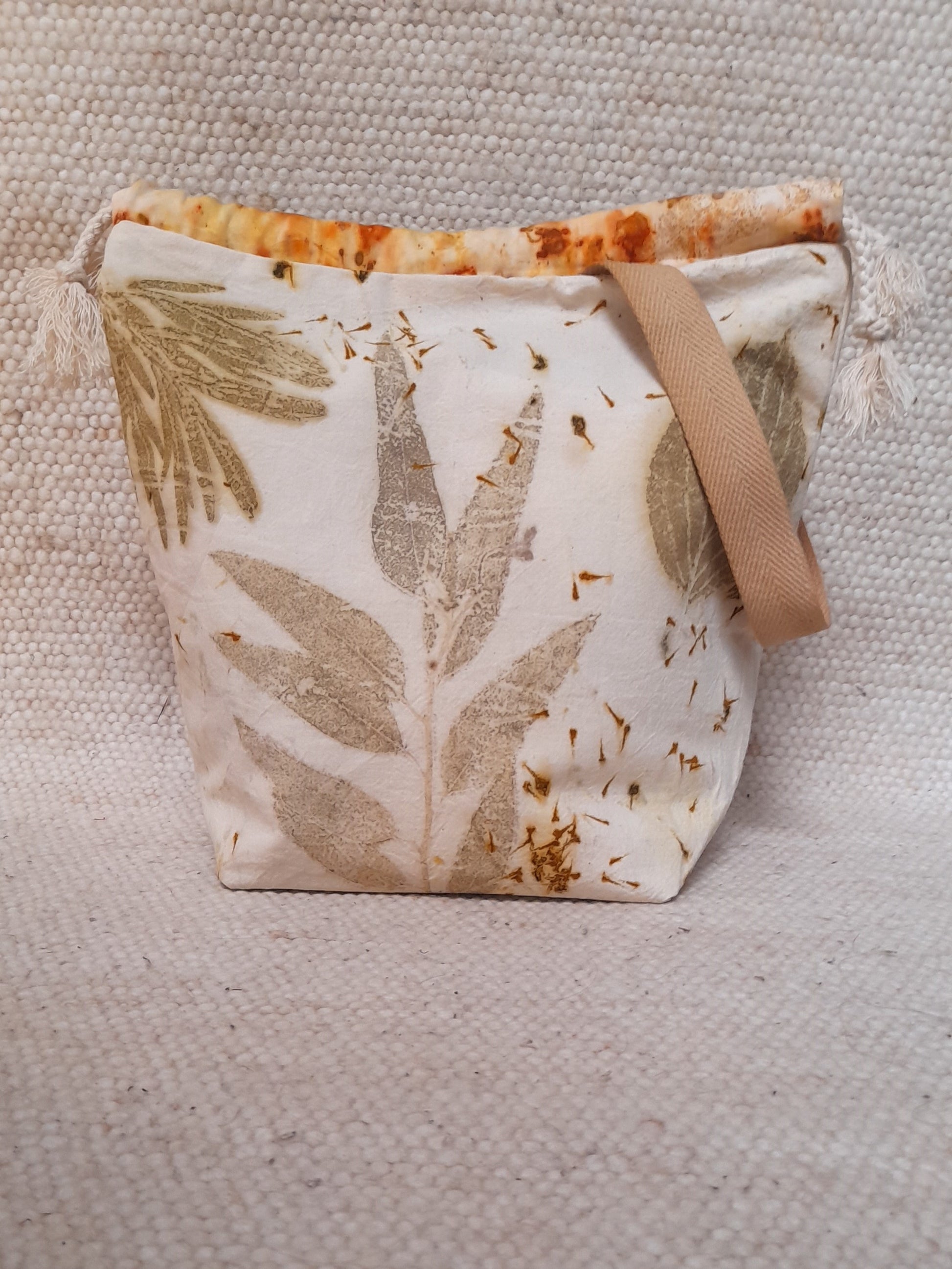 ecoprinted bag, eucalyptus in white background