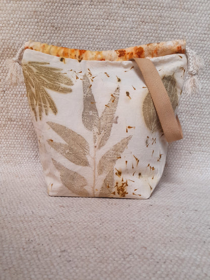 ecoprinted bag, eucalyptus in white background