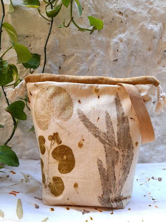 ecoprinted bag for knitters and crocheters. made in cotton fabric