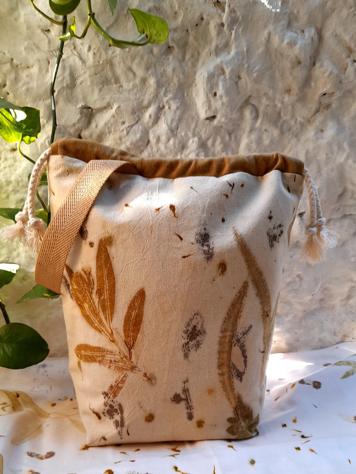 handmade bag for knitters, made with ecoprinted fabric.