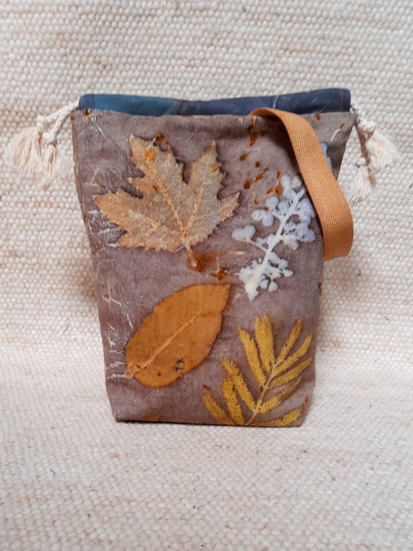 project bag for knitting,crochet , creative projects. Made with ecoprinted fabric and botanical dyed lining.