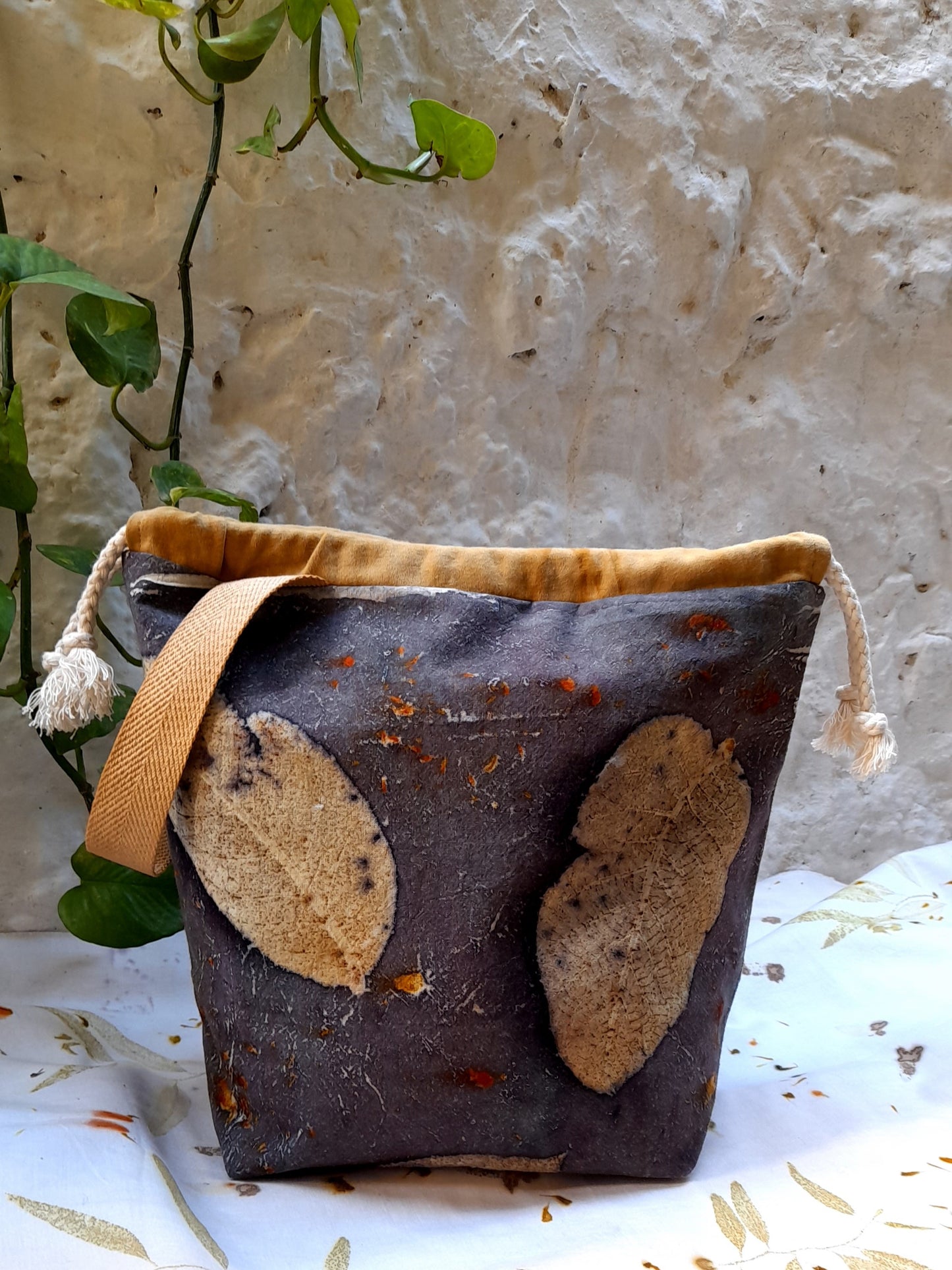 bag handmade with ecoprinted fabric for knitters and crocheters