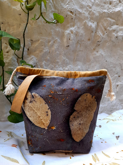 bag handmade with ecoprinted fabric for knitters and crocheters